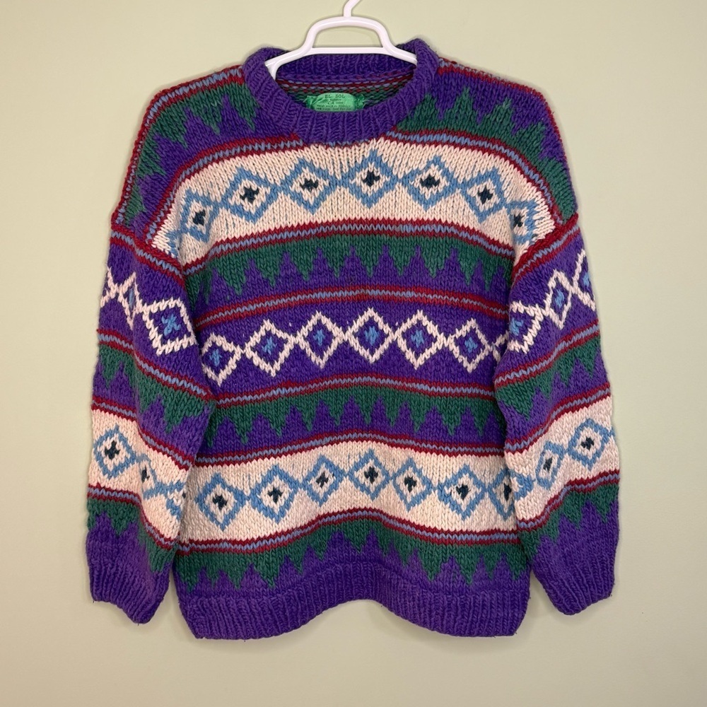 Vintage Fair Isle Chunky Knit Sweater Purple Geometric Ski handmade unisex L- XL